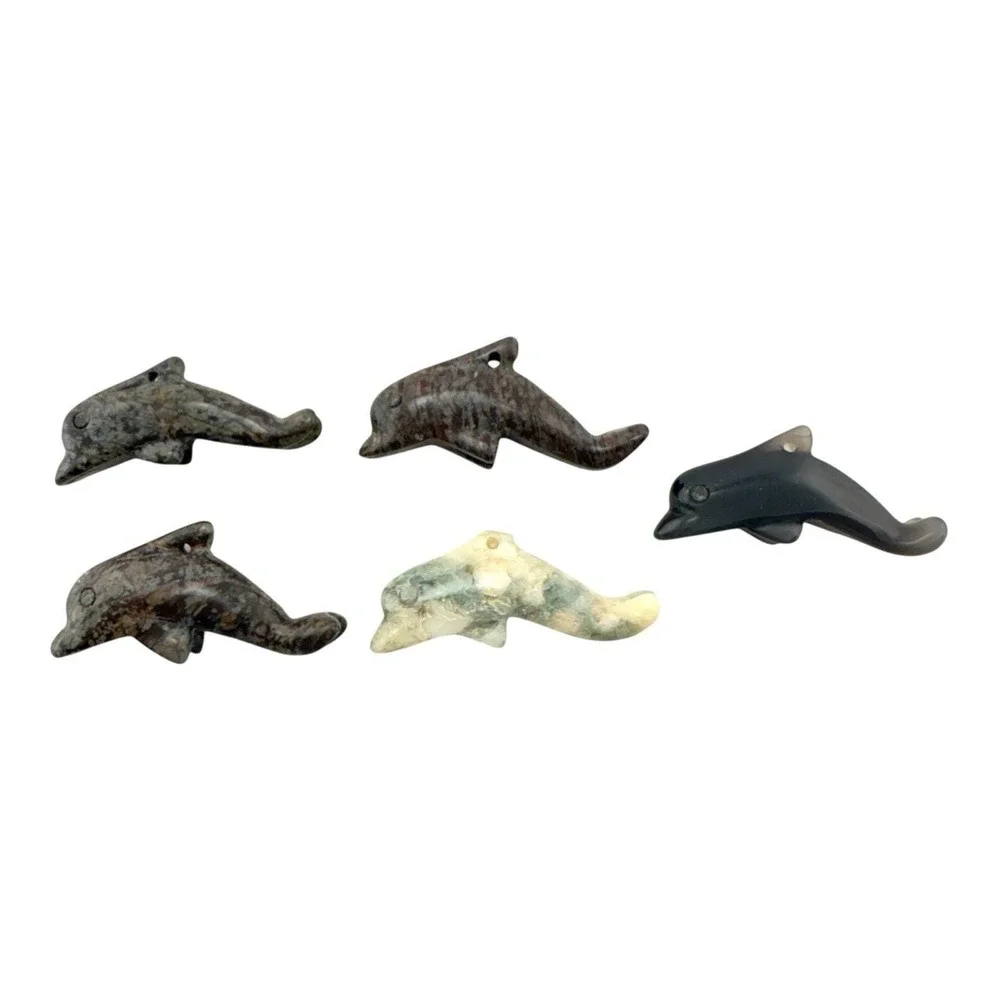 Carved Gemstone Dolphin Charms Agate Marble Beads (5) Drilled for Jewelry